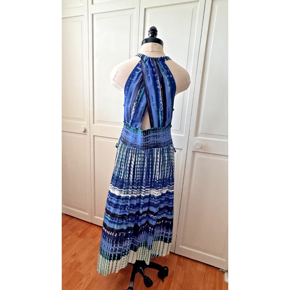 Ramy Brook Blue Green Watercolor Halter Midi Wrap Tie‎ Waist Dress Medium - Picture 3 of 12